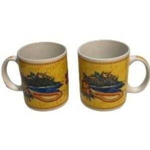 HAWAII Island Heritage Hilo Hattie O’ahu Lei Yellow Mugs Cups 2002 Set of 2